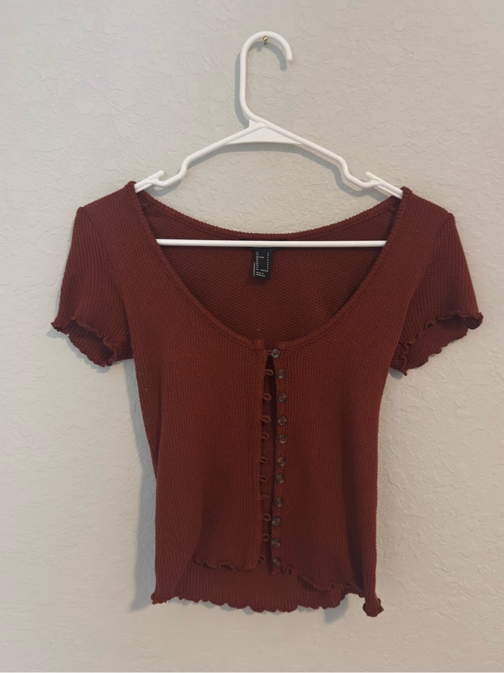 Rust Short Sleeve Ribbed Button Front Top
